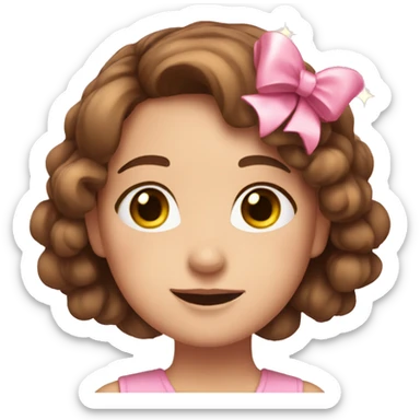 A cute young woman with brown hair and many small pink bows and sparkles around her sticker