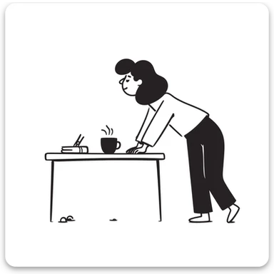 sketch of a person with sloping shoulders, hands up, sitting at an office desk, as if dodging responsibility sticker