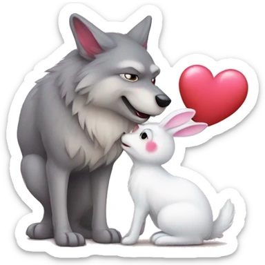 Old Wolf kiss a white Bunny who has pink ears, with big red heart between them  sticker