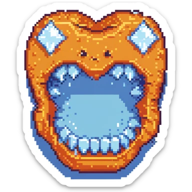 Pixel art blue freezing face with chattering teeth and ice crystals sticker