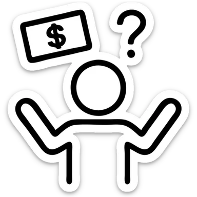 simple icon of a figure with hands raised, money floating above, and a question mark, expressing helplessness, minimalistic line art sticker