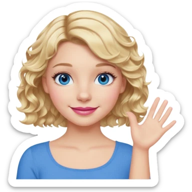 Girl Blonde short wavy hair,  blue eyes, cute blue top, long lashes, pink lips, smiling, one hand 🤷🏼‍♀️  sticker