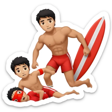 Dark Tan Muscular teen lifeguard boy with messy black hair in action saving old lady sticker