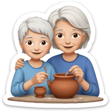 grandma with white hair and kid with brown hair doing potery sticker