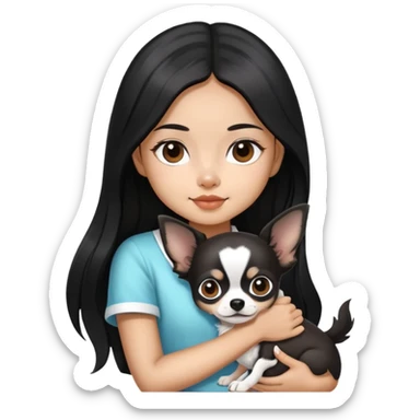 Thai girl with long black hair holding a black and white Chihuahua dog sticker