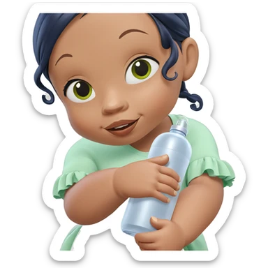 girl in green dress holding bottle sticker