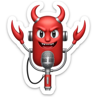 Minimalist emoji-style sticker of a classic retro microphone with small devil horns and a subtle tail wrapping the base. Grayscale with slight red accents.
 sticker