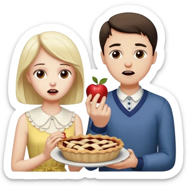 Sad man eats a pie. While his sister throws his dress on the apple sticker