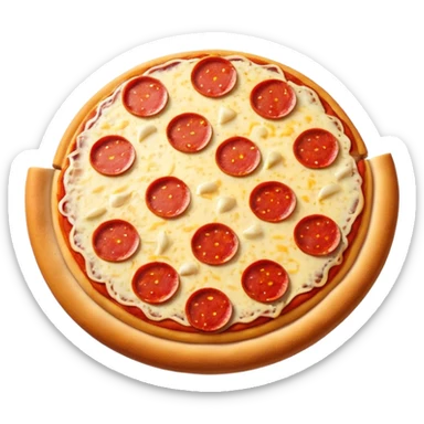 "A whole pepperoni pizza, hyper-realistic, glossy 3D illustration, soft studio lighting, bright red pepperonis, yellow cheese, brown crust, white background, iOS emoji style." sticker