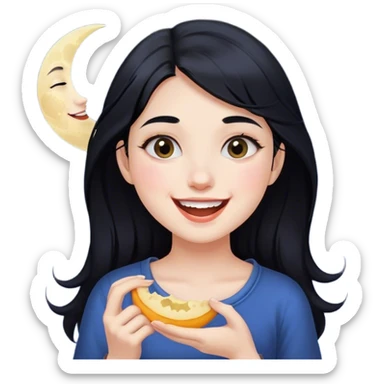 smiling girl with black hair eating the moon sticker