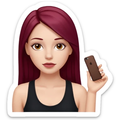 white girl, long straight middle part burgundy hair, brown eyes, long eyelashes, full lips, black tank top sticker