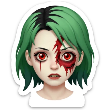 zumbi feminino com cortes no rosto, olhos baixos e vermelhos, cabelo preto e verde sticker