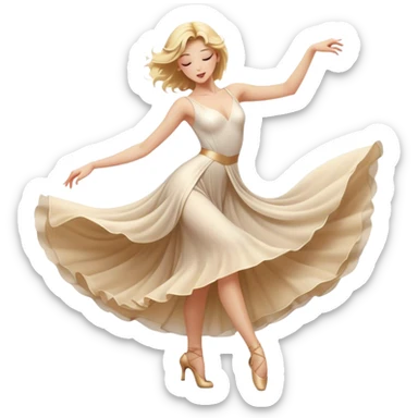 A blonde girl in a cinematic realistic dancing pose, elegant movements of the dancers, the soft fabric of their outfits flowing to the beat of their movements, spectacular lighting emphasizing graceful lines radiating passion and poise. sticker