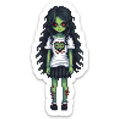 girl zombie with black long curly hair, emo style sticker