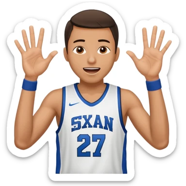 Maverick Trevillian in the crowd at an amateur basketball game. He leans towards the camera and enthusiastically shouts "six seven while performing a distinctive hand gesture: both hands open, palms facing upward, moving up and down as if weighing two options. sticker