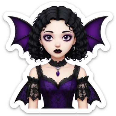 A girl with a goth vampire look in a goth lace batwings shaped sleeves dress black curly hair  sticker