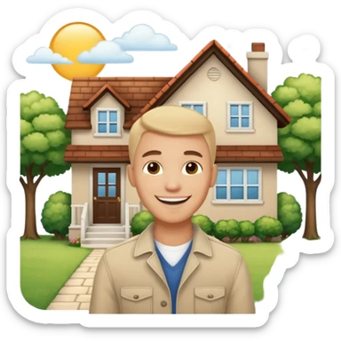 emoji de bienes y raices, un hombre y una casa en "venta for sale" sticker