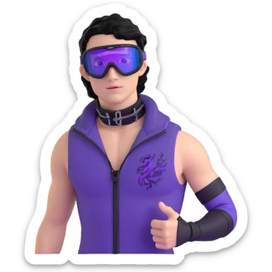 male athlete with white skin and moderately curly black hair on top with shaved sides, wearing ski goggles with purple frames and very dark black lenses, a simple plain black chain necklace, and a completely unzipped sleeveless vest with purple and black sequin fire pattern design with no logo or brand emblem, fully revealing his chest, shoulders and arms, no earrings sticker