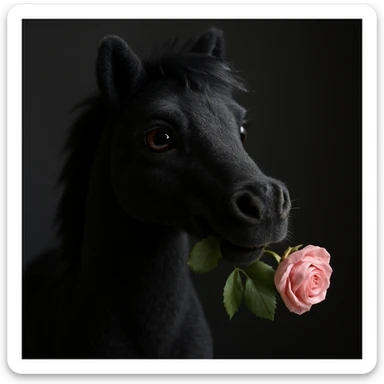 Make the horse black, keep the rose in its mouth, realistic style with soft colors. sticker