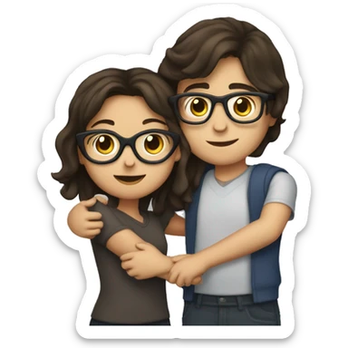 a brunette girl hugging a brunette boy with glasses  sticker