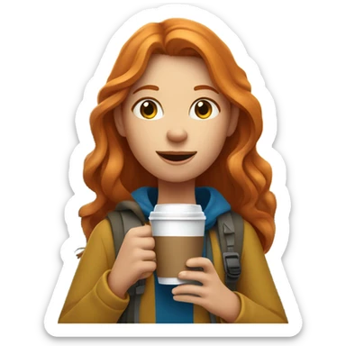 ginger girl long hair hiking in mountains with coffee and dog  sticker