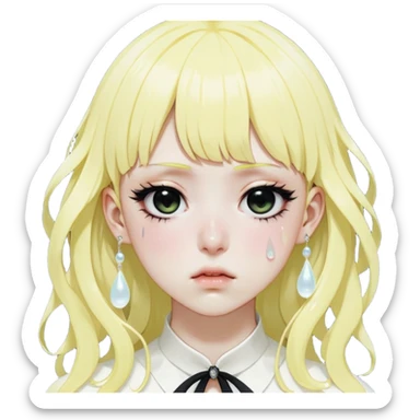 Face: Pale lemon skin (#FFF0D4), swollen eyelids with 3D tear droplets cascading down, snot bubble at nostril. Hair: Jet-black hime-cut with blunt bangs stuck to forehead from tears. Extra: White handkerchief clutched in fist, exaggerated wavy mouth shape: "ウaaaa~". sticker
