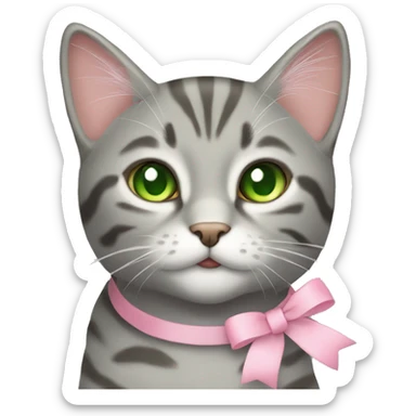 grey tabby cat with green eyes and light pink ribbon bow on her head sticker