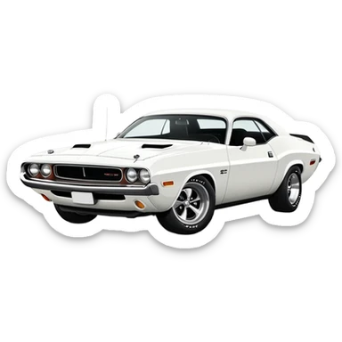 Pure white 1971 Dodge Challenger muscle car, completely white paint, no stripes, side angle view, minimalist Apple iOS emoji style, classic car from Death Proof movie sticker