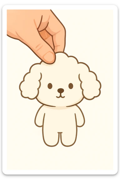 Remove only the bows from the dog's head, keep the hand holding and everything else exactly the same, in the same cute chibi stickers style. sticker