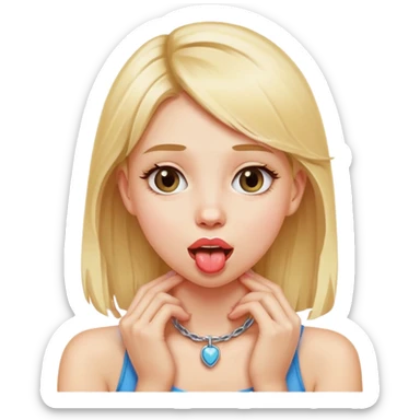 Girl with blond hair with hands placed on neck, with tongue out sticker