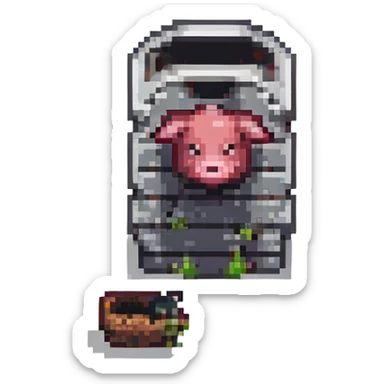 a pig next to a tombstone, pixel art style sticker