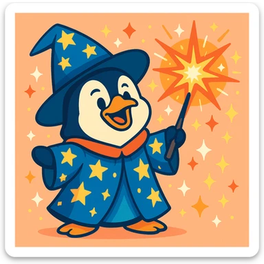 playful cartoon style penguin wizard casting a sparkling spell, with a starry robe and magical aura sticker