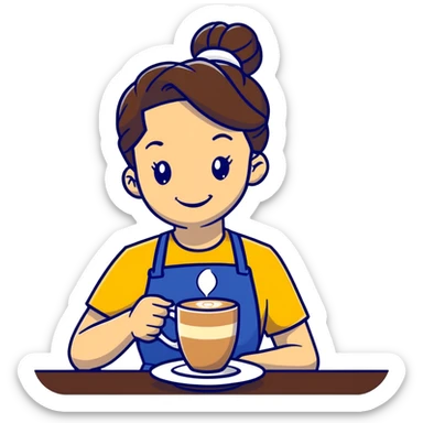 Cute brunette barista girl with hair in a bun wearing yellow shirt and dark blue apron, she's relaxed and making latte art, smiling at the coffee cup sticker