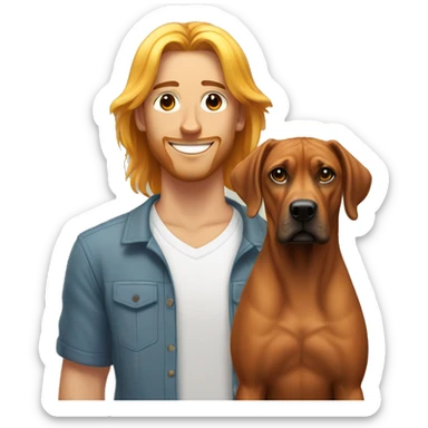 white male with long rainbow colored hair standing alongside a brown rhodesian ridgeback sticker