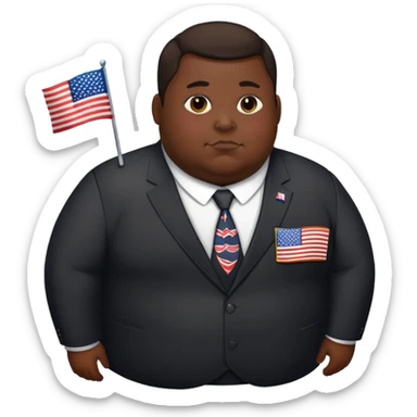 overweight person in dark suit with US flag pin sticker