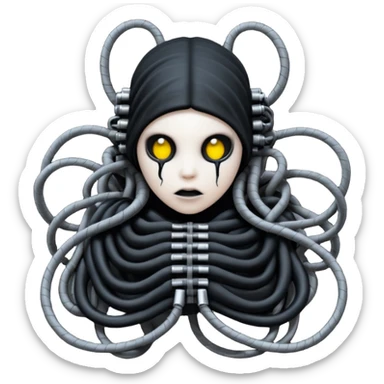 tangled black cables creating a creature covered in black rags and bondage, Giger style sticker