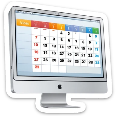 front view of an iMac with a day-calendar on the screen, vertical hours on the left, horizontal client slots, some slots visibly booked sticker
