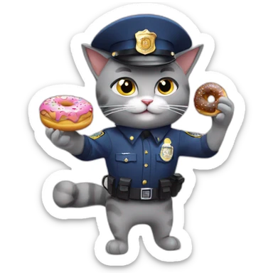 grey cat in police hat eating 3 doughnuts sticker