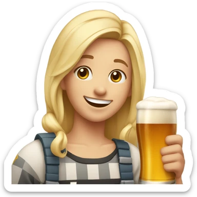 A blonde haired 28 year old celebrating birthday in German with a big pint of beer and a sausage  sticker