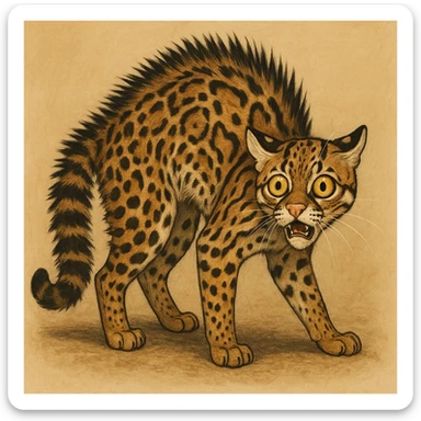 an ocelot with arched back, fur standing on end, wide eyes, frightened expression, simple background sticker