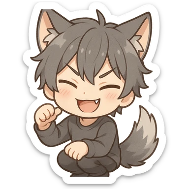 wolf boy with gray hair and wolf ears, mischievous grin, chibi stickers style sticker