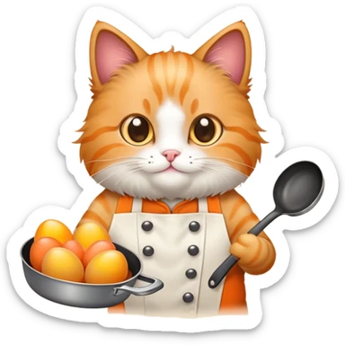 a cat holding a cooking pan with double heart-shaped eggs sticker