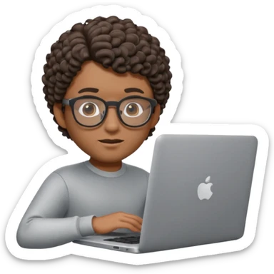 3D Apple Memoji–style emoji, brown-skinned male character, short curly hair, thick glasses, calm focused eyes, peeking over silver laptop, transparent PNG, 4K. sticker