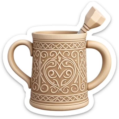 Scandinavian carving icon, bone mug or vase with intricate Norse patterns, chisels and carving tools nearby, minimalistic style, clean lines, transparent background. sticker