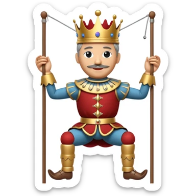 3D render of Puppet King as a wooden marionette puppet, Wooden crown, strings attached to hands, silver metal screw joints at elbows and knees, polished brown wood texture, rigid toy pose, Apple emoji style, isolated on white background --v 6.0. sticker