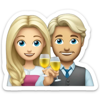 caucasian woman with brown eyes and blond shoulter long hair and a caucasian man with blue eyes and grey hair, toasting with a glass of white wine sticker