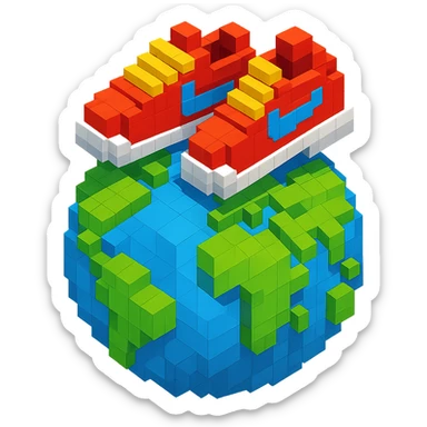 isometric view of Earth globe with a pair of Nike Cortez sneakers walking on top, voxel style sticker