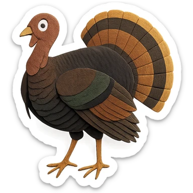 Eastern Wild Turkey, layered paper details, bold bronze and green plumage, fanned tail, expressive eye, naturalistic pose sticker