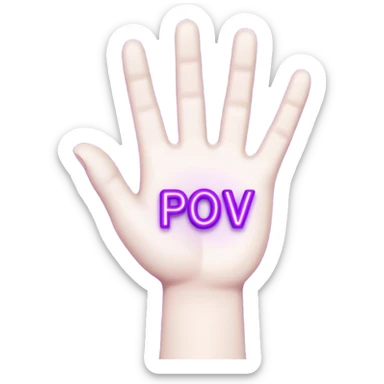 A 3D stylized cartoon hand holding a glowing neon purple sign that says "POV", high contrast, vibrant lighting, clean edges, white background. sticker