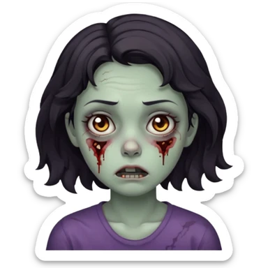 Zombie girl with bruises, she has a dark short wavy hair, she has a tired expression and dark eyes, she has dark circles too sticker